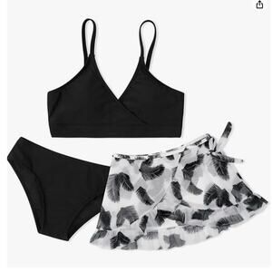 Girls' Size 15-16 Yr Bathing Suit 3 Piece Swim Set Bikini & Sheer Skirt Black